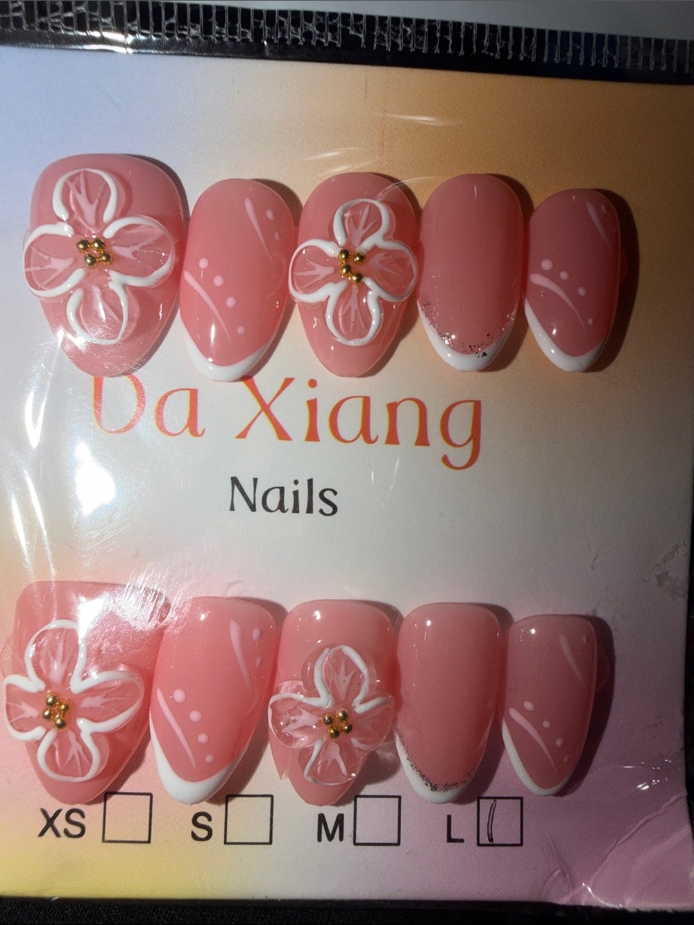 Pink Floral Press-On Nails with White Tips